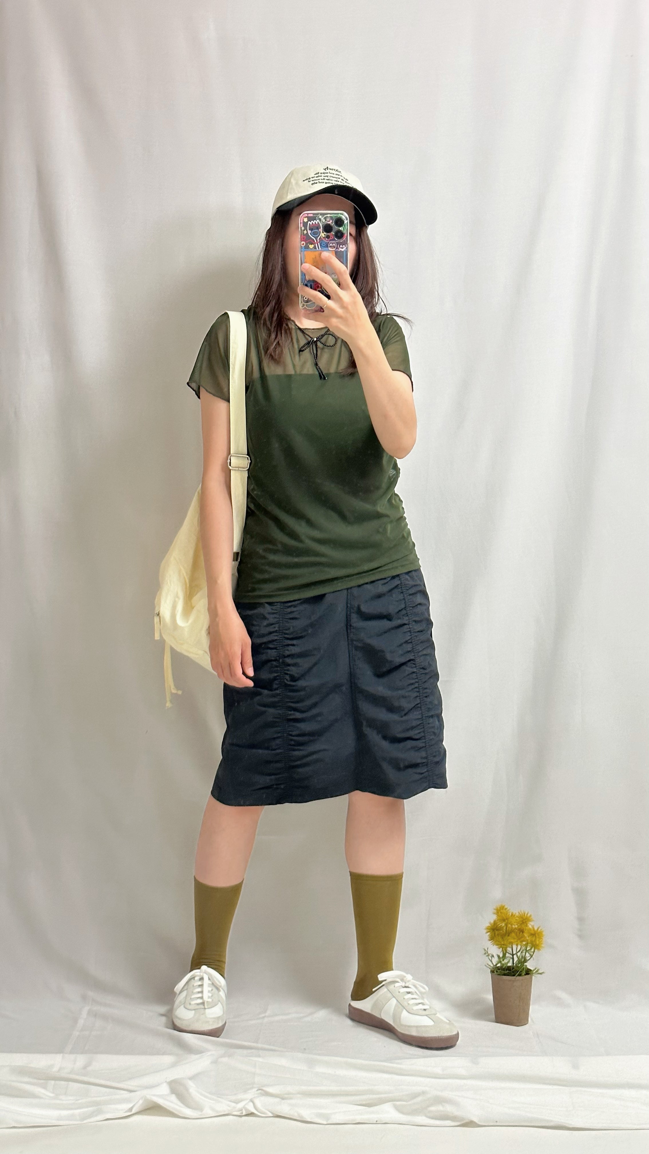 (預購)短袖側縮褶網衫/橄欖