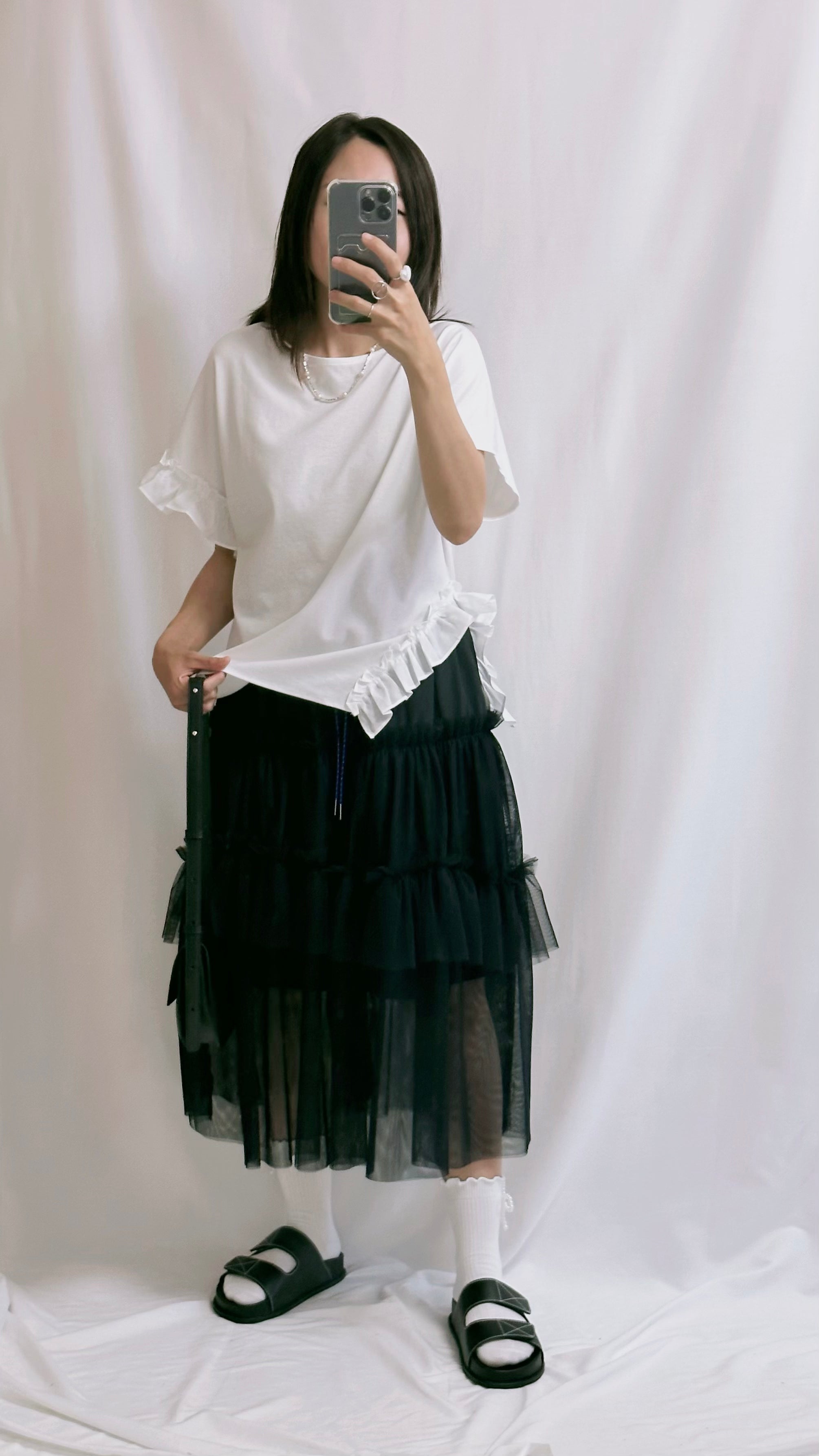 單邊衫腳ruffle T-shirt/白