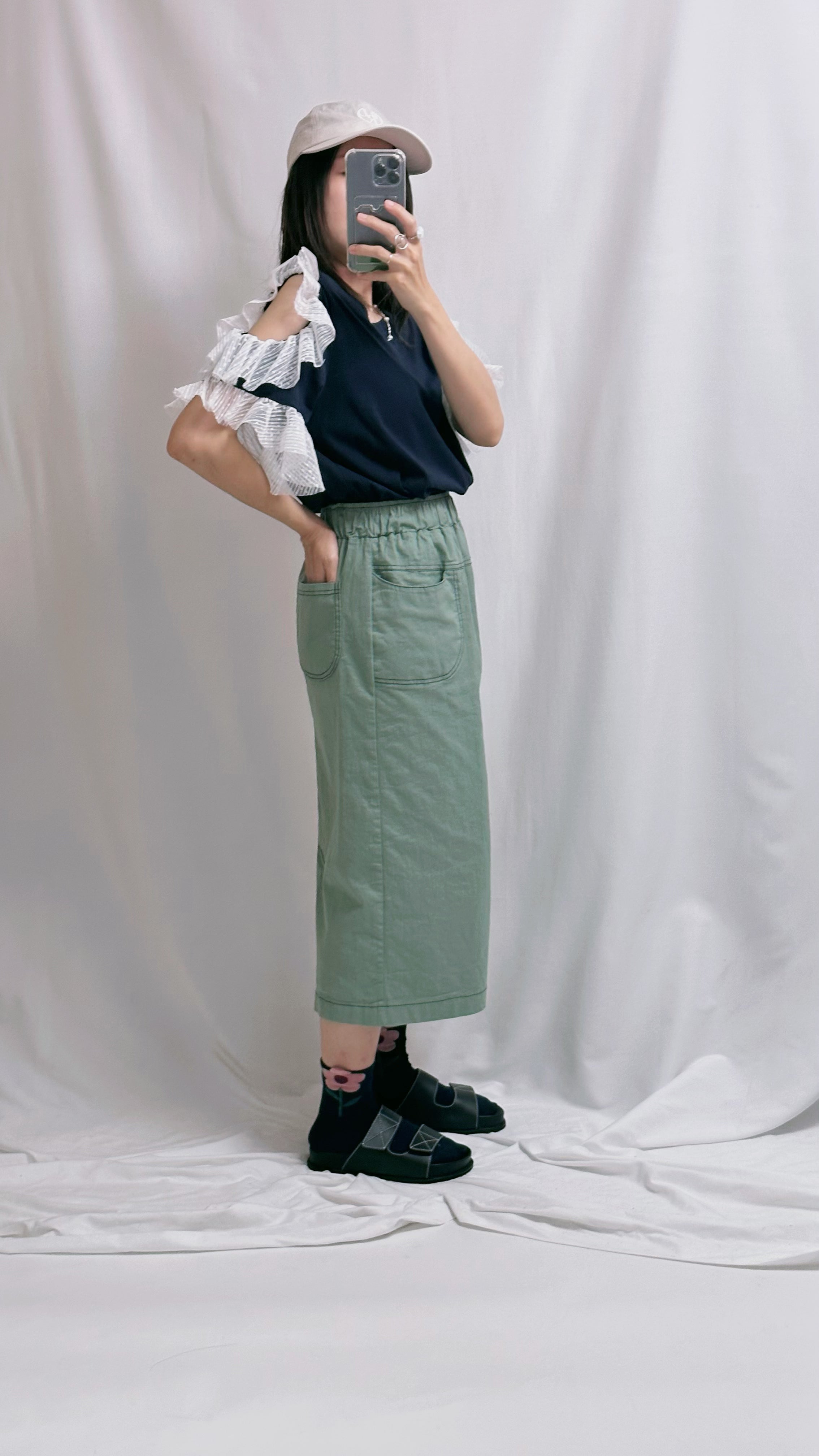 點點網布袖挑空T-shirt/深藍