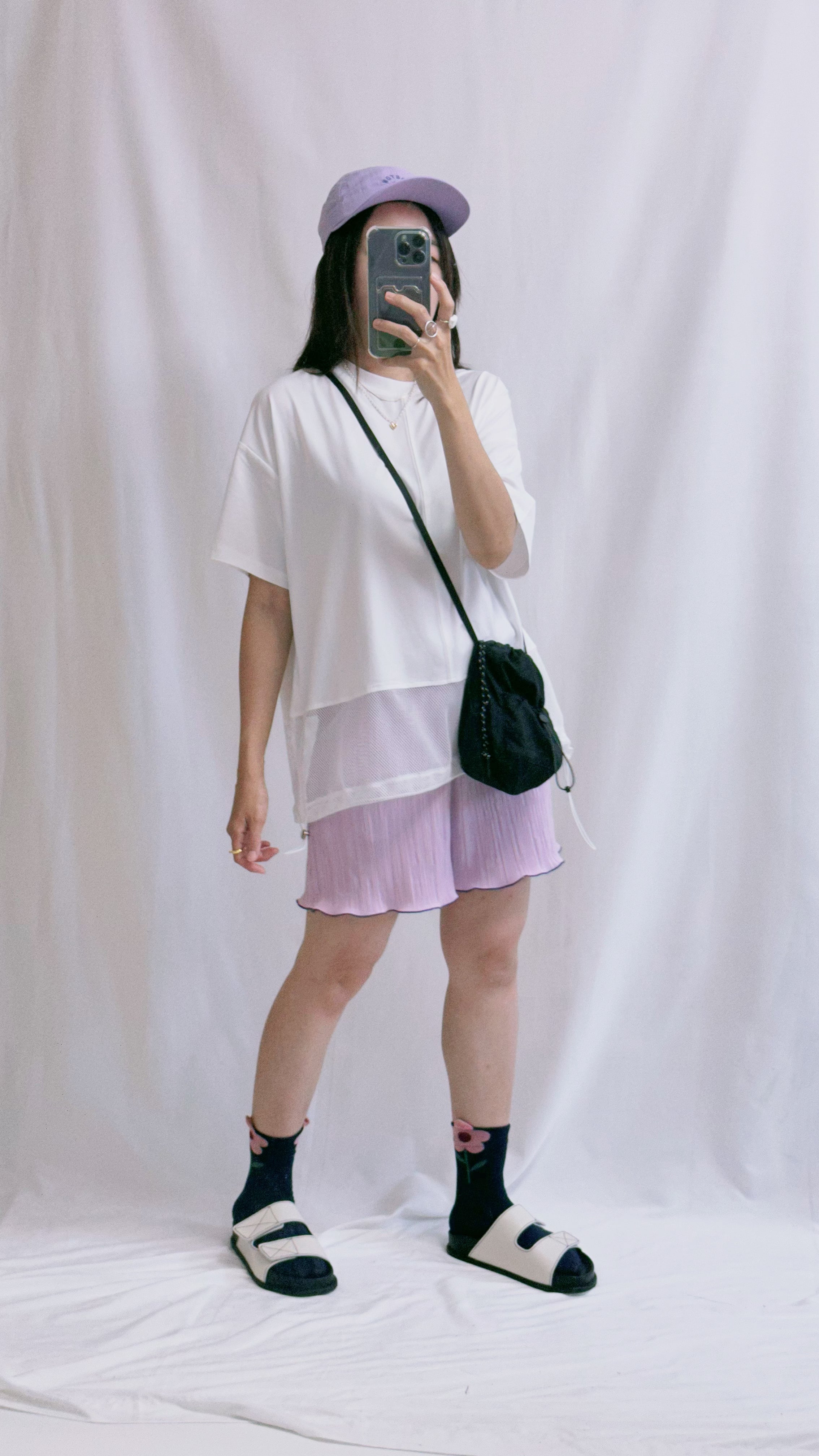 衫腳網布闊身T-shirt/白