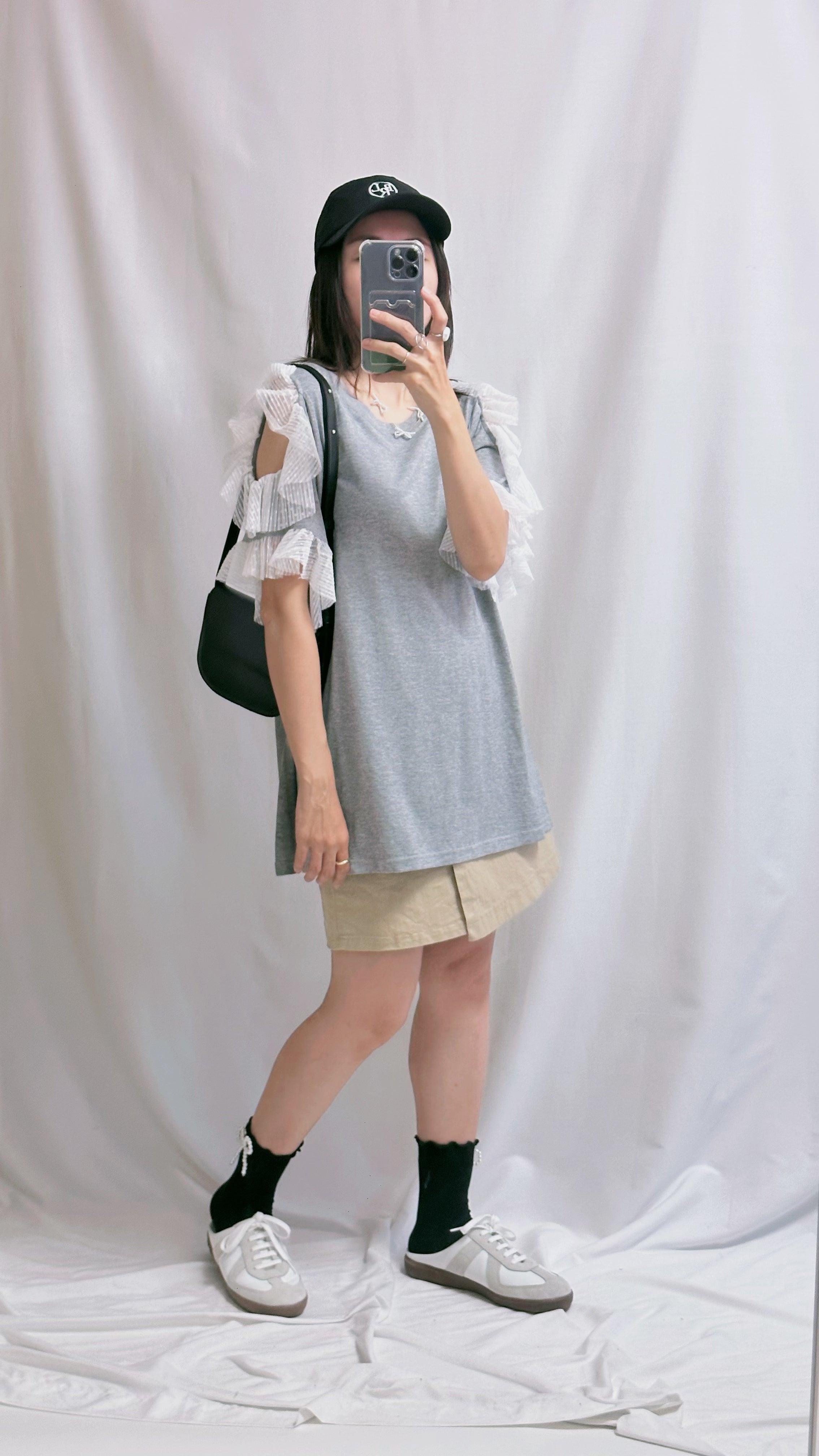 點點網布袖挑空T-shirt/灰