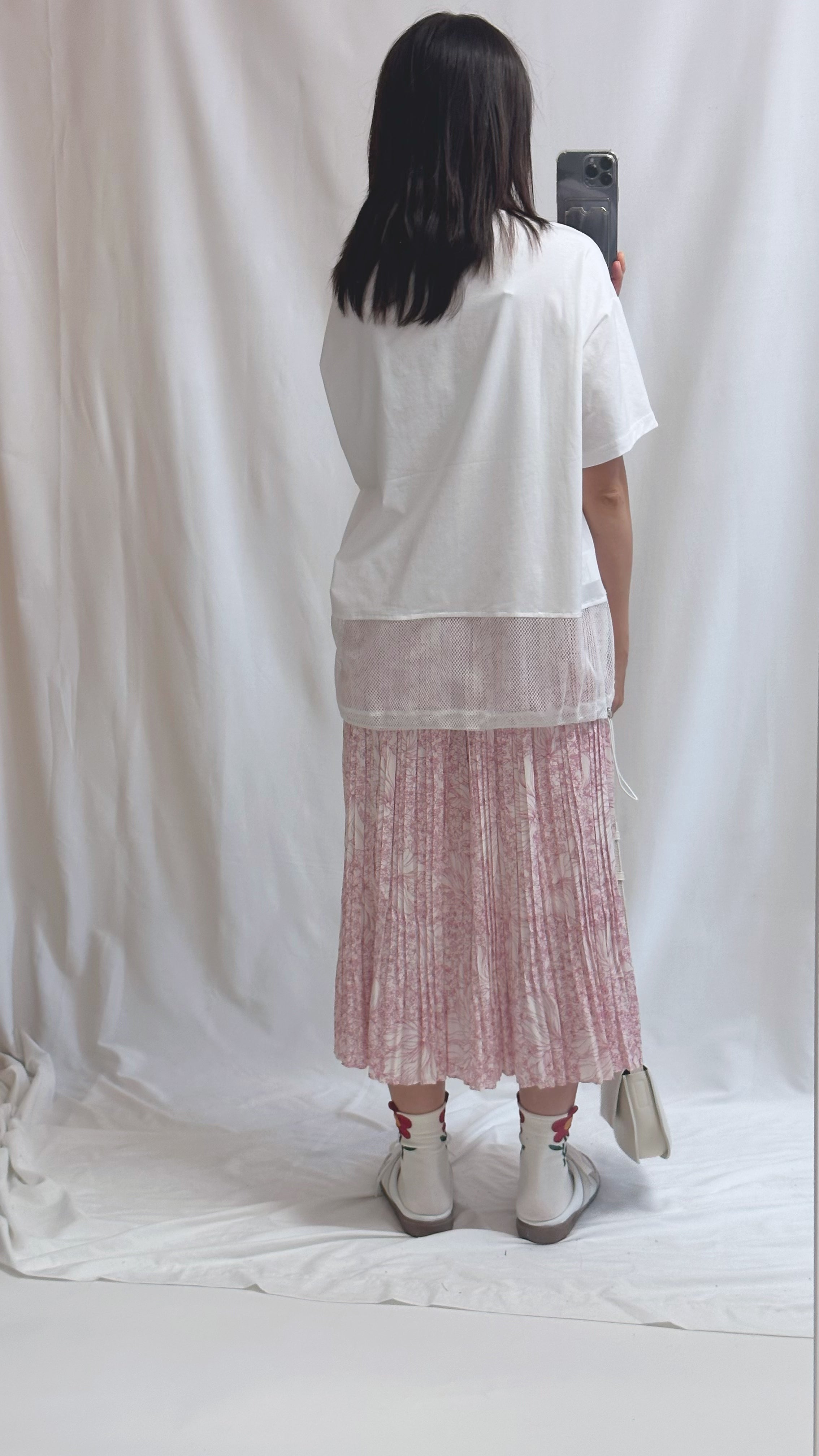 衫腳網布闊身T-shirt/白