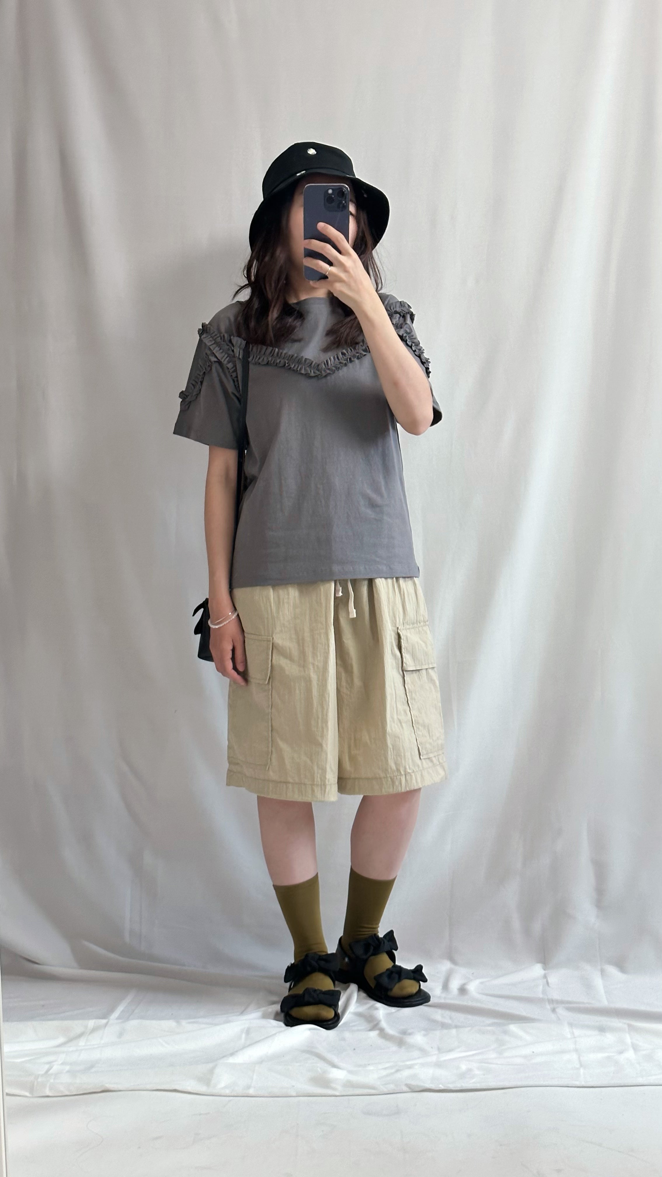 (預購)縮褶裝飾T-shirt/碳灰