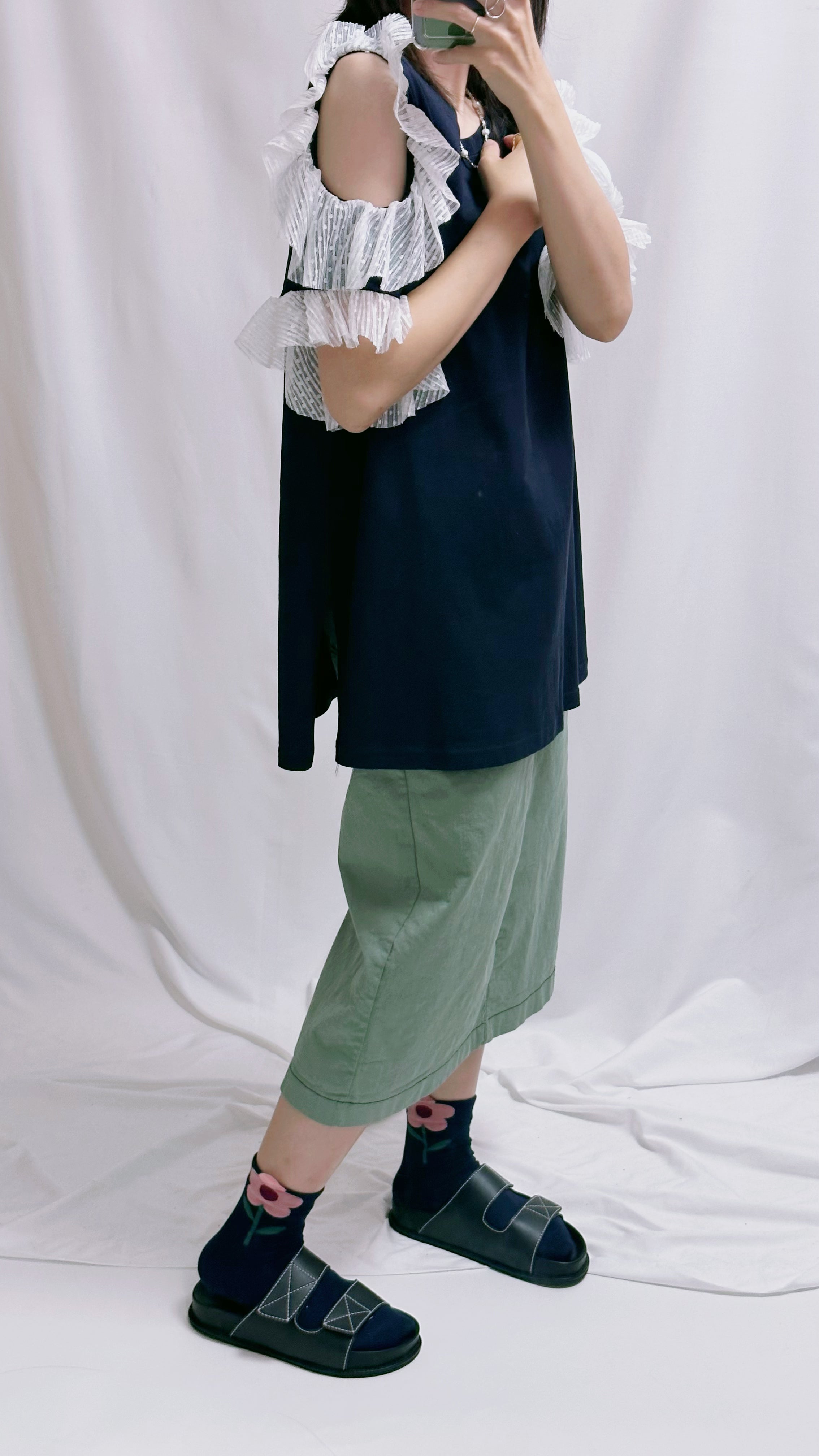 點點網布袖挑空T-shirt/深藍