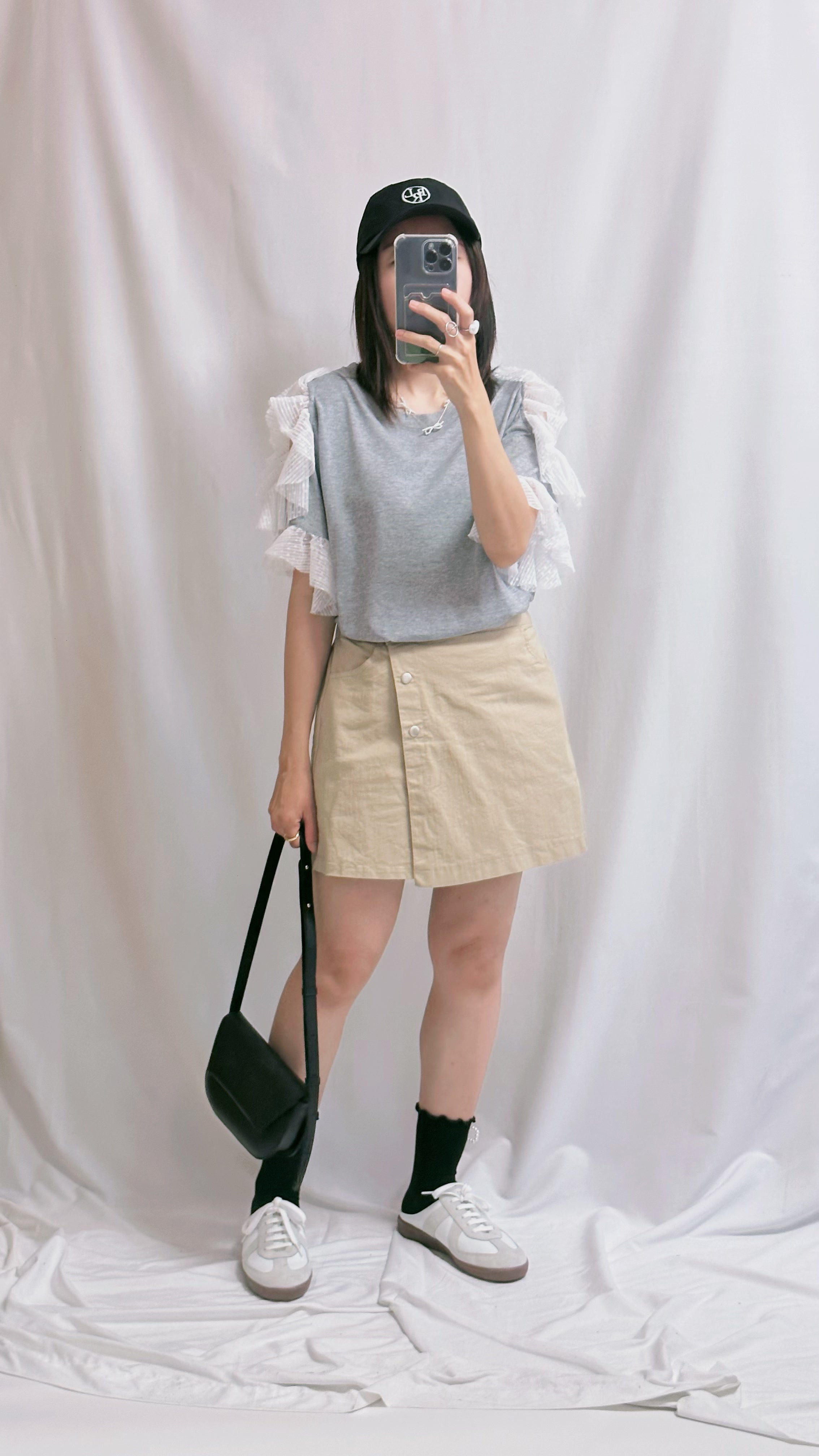 點點網布袖挑空T-shirt/灰