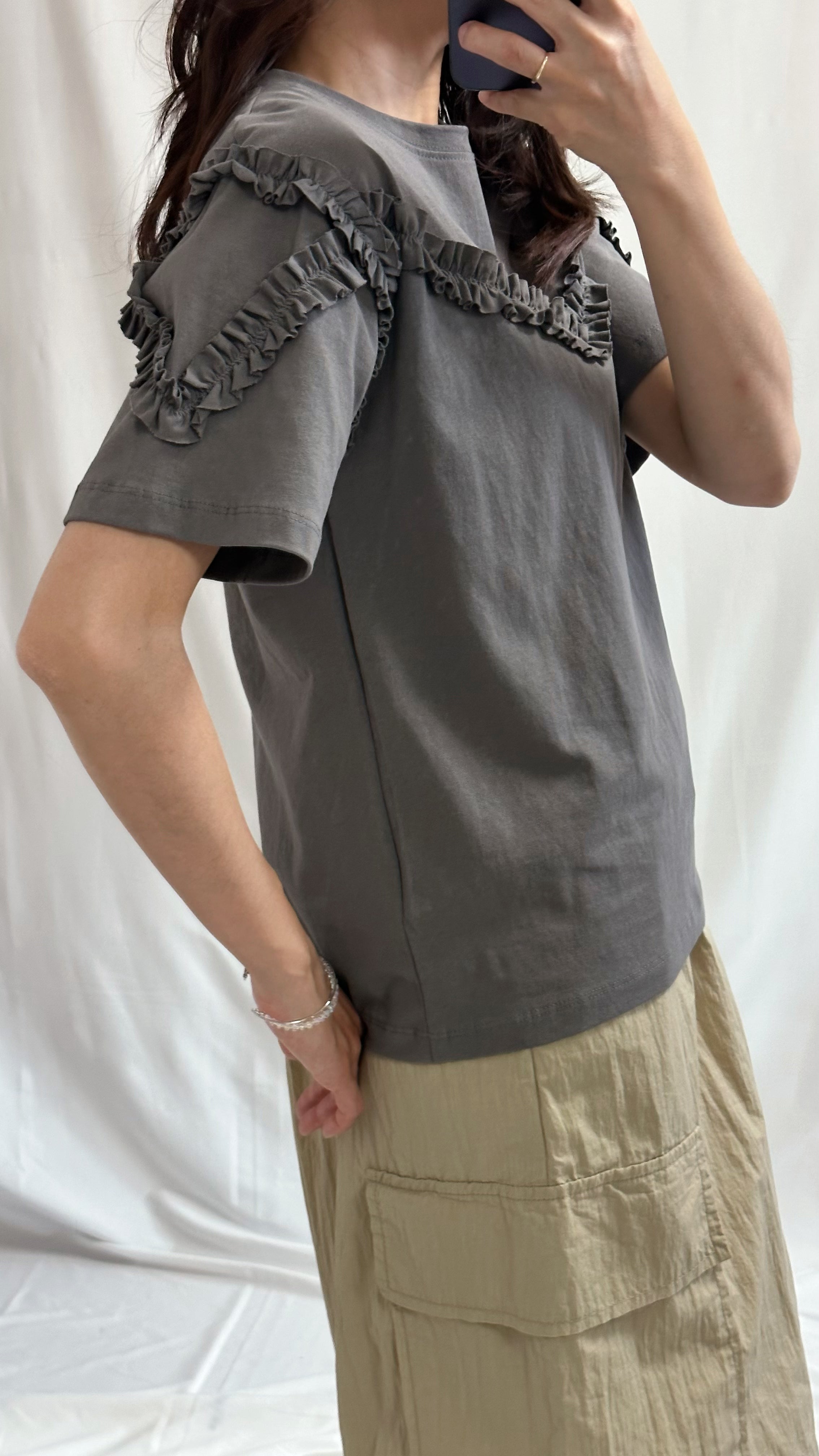 (預購)縮褶裝飾T-shirt/碳灰