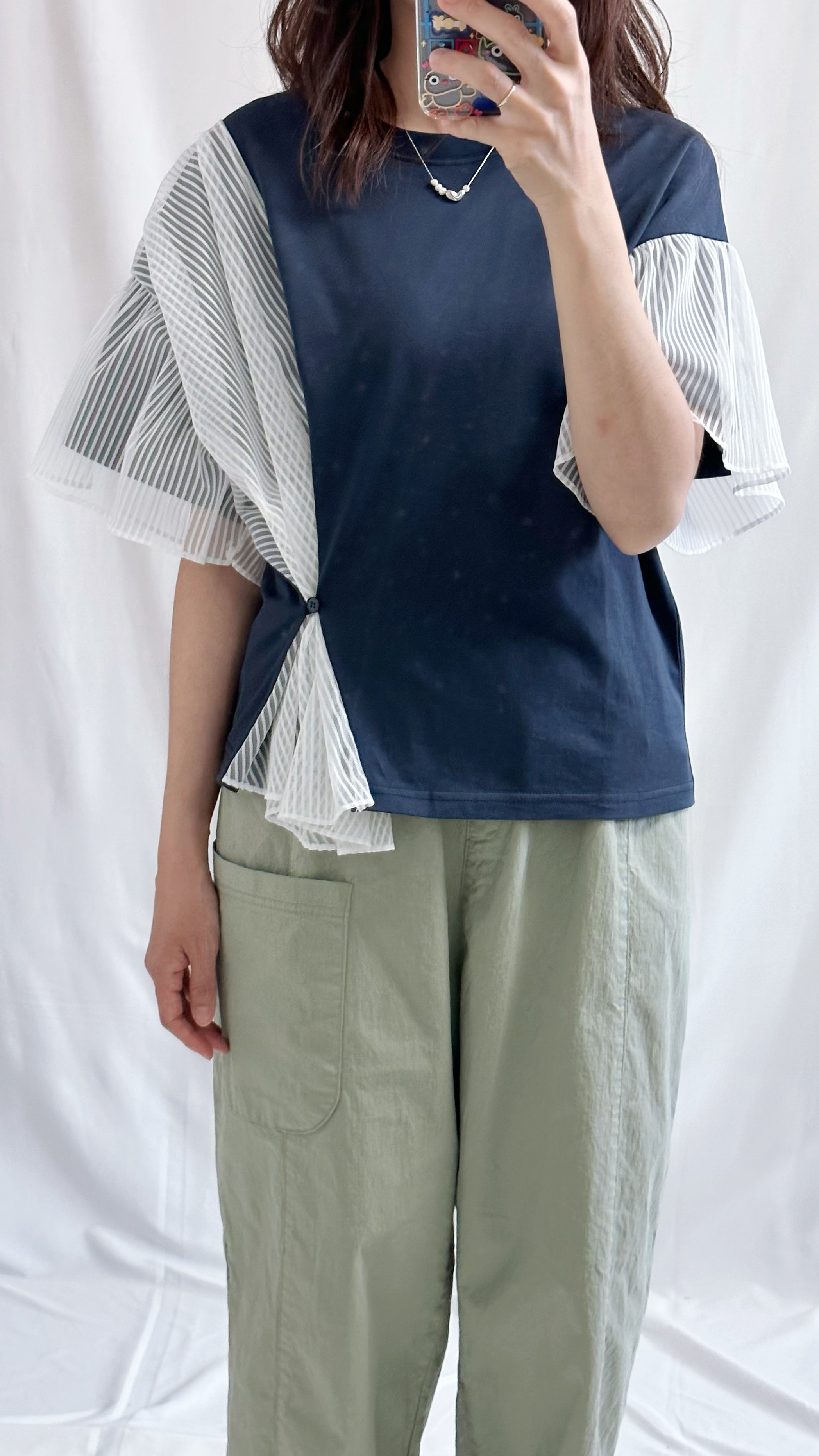 (預購)併色條子網紗T-shirt/深藍