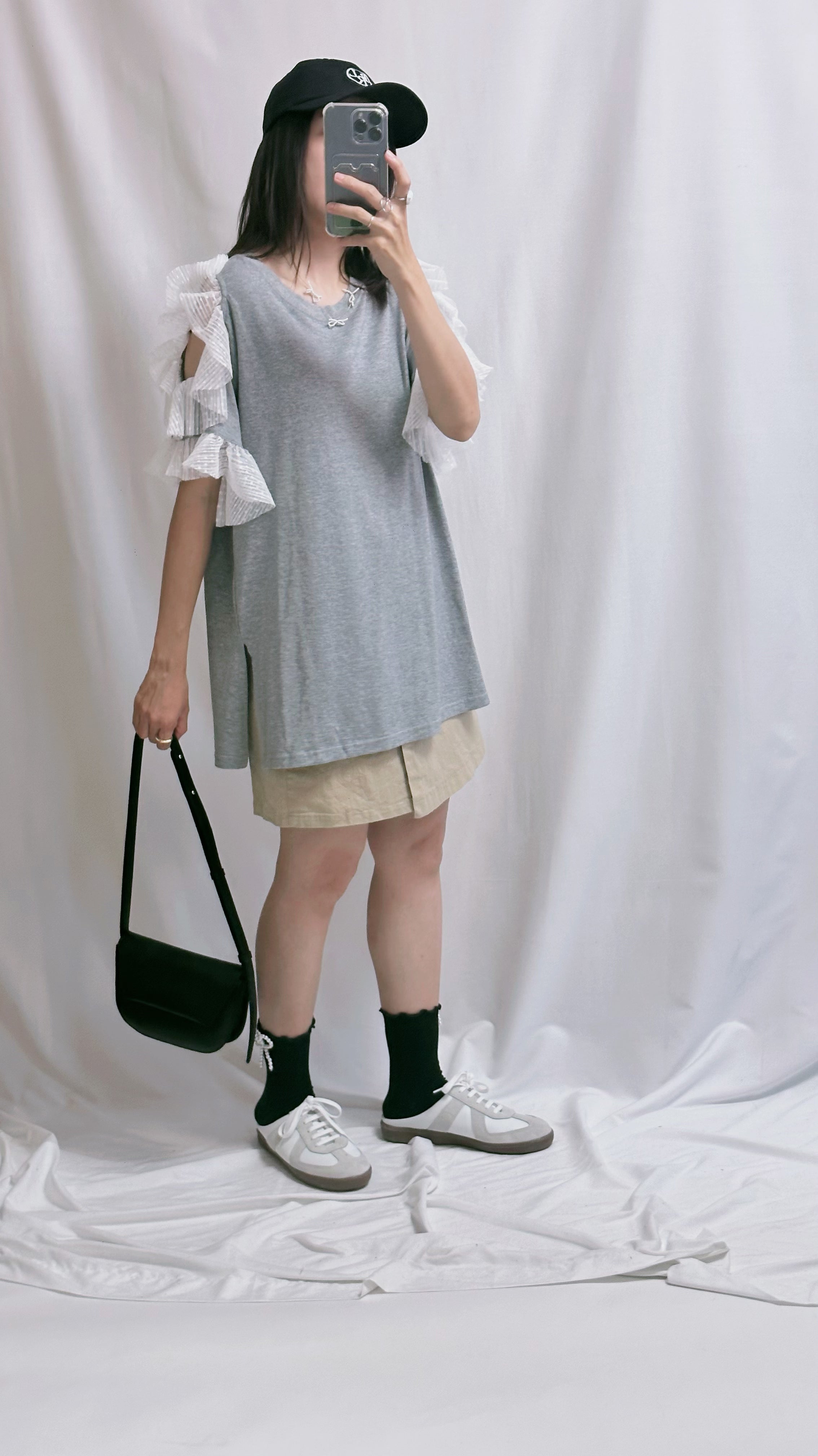 點點網布袖挑空T-shirt/灰