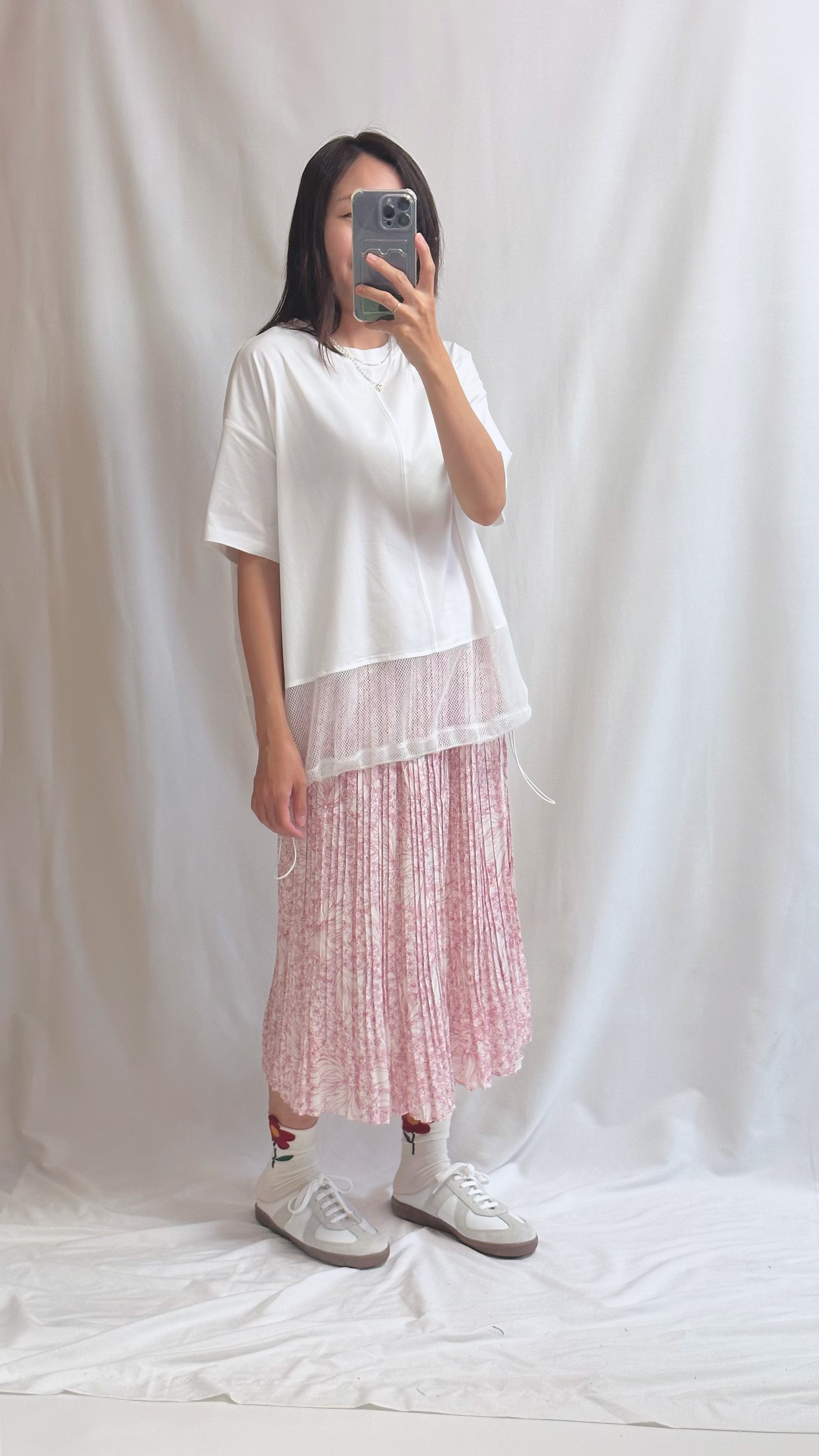 衫腳網布闊身T-shirt/白