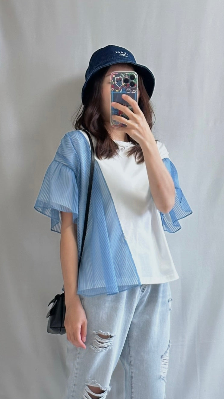 (預購)併色條子網紗T-shirt/白