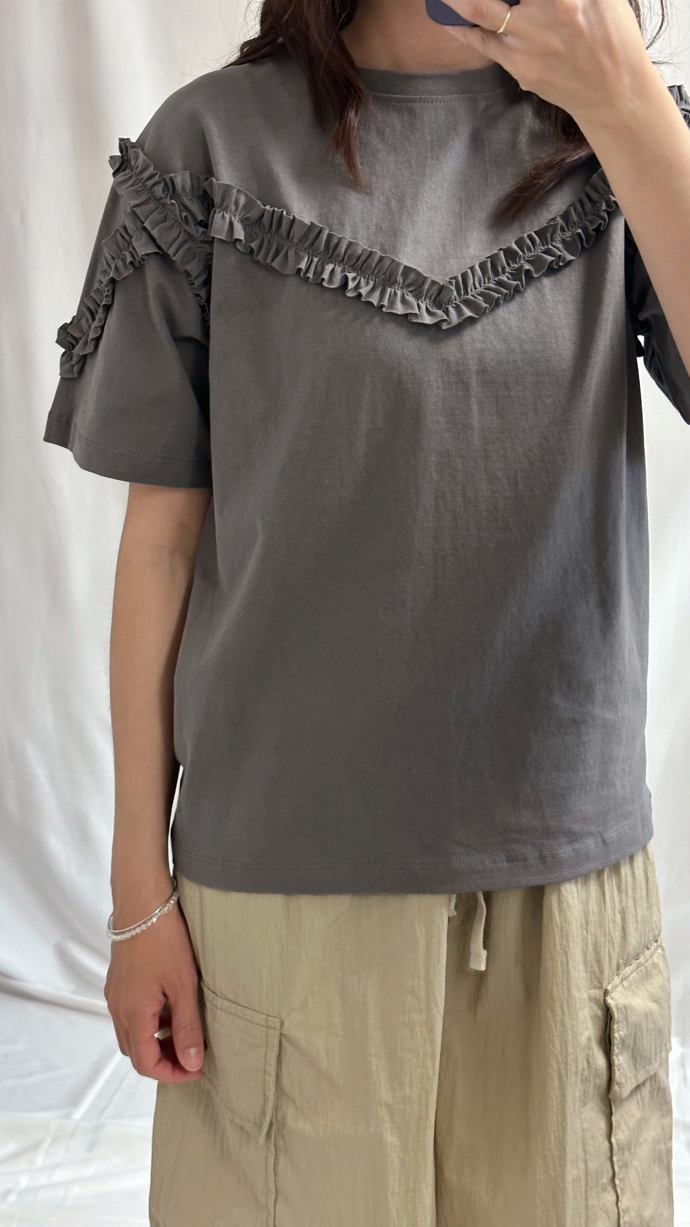 (預購)縮褶裝飾T-shirt/碳灰