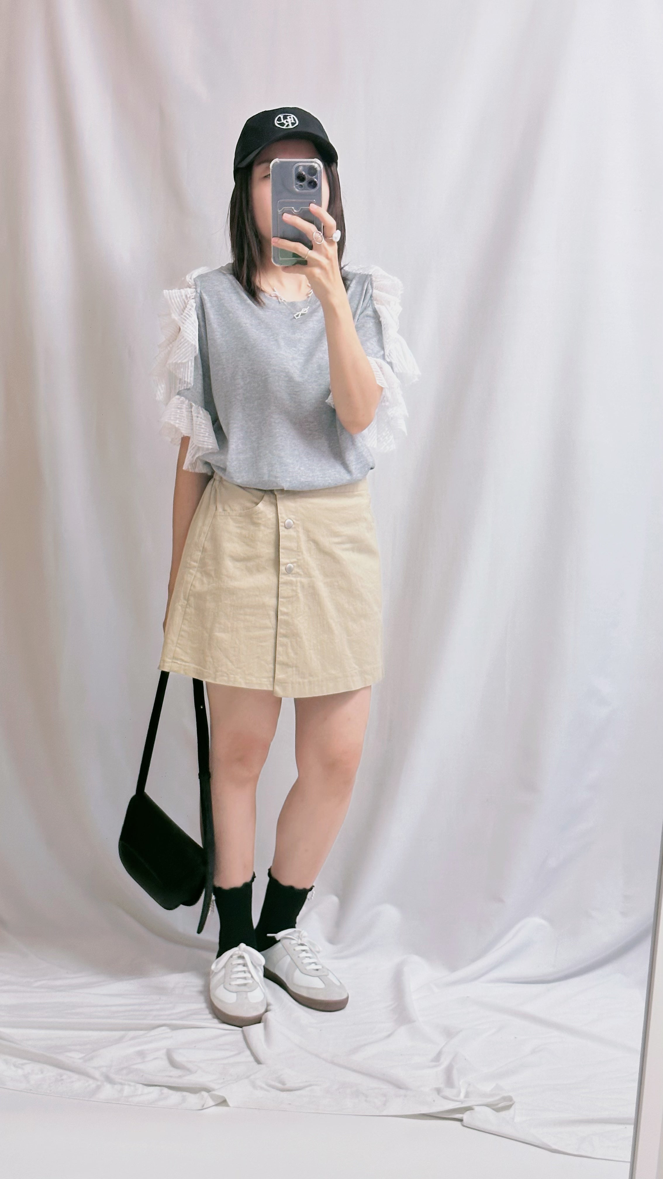 點點網布袖挑空T-shirt/灰