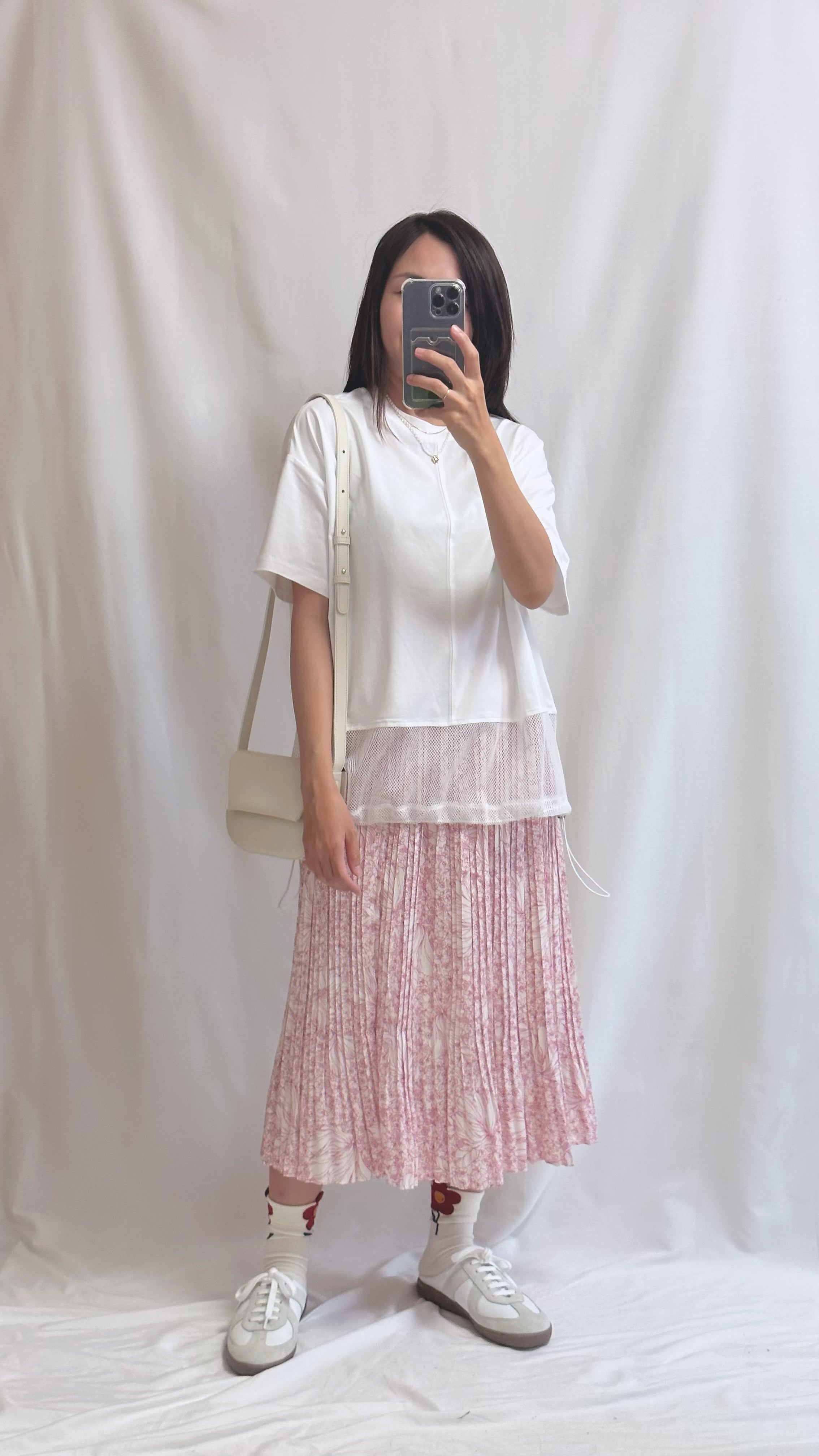 衫腳網布闊身T-shirt/白