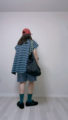 混色間條長身T-shirt/深藍