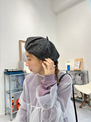 心心條紋具蕾帽/灰