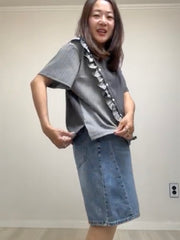 條子布料併布T-shirt/灰