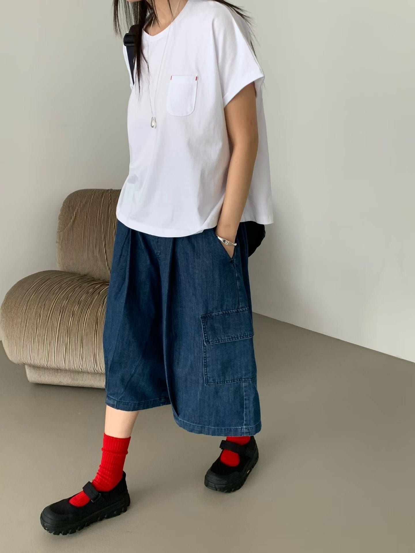 口袋撞色線T-shirt/白