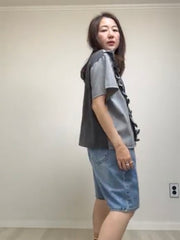 條子布料併布T-shirt/灰