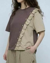 條子布料併布T-shirt/朱古力