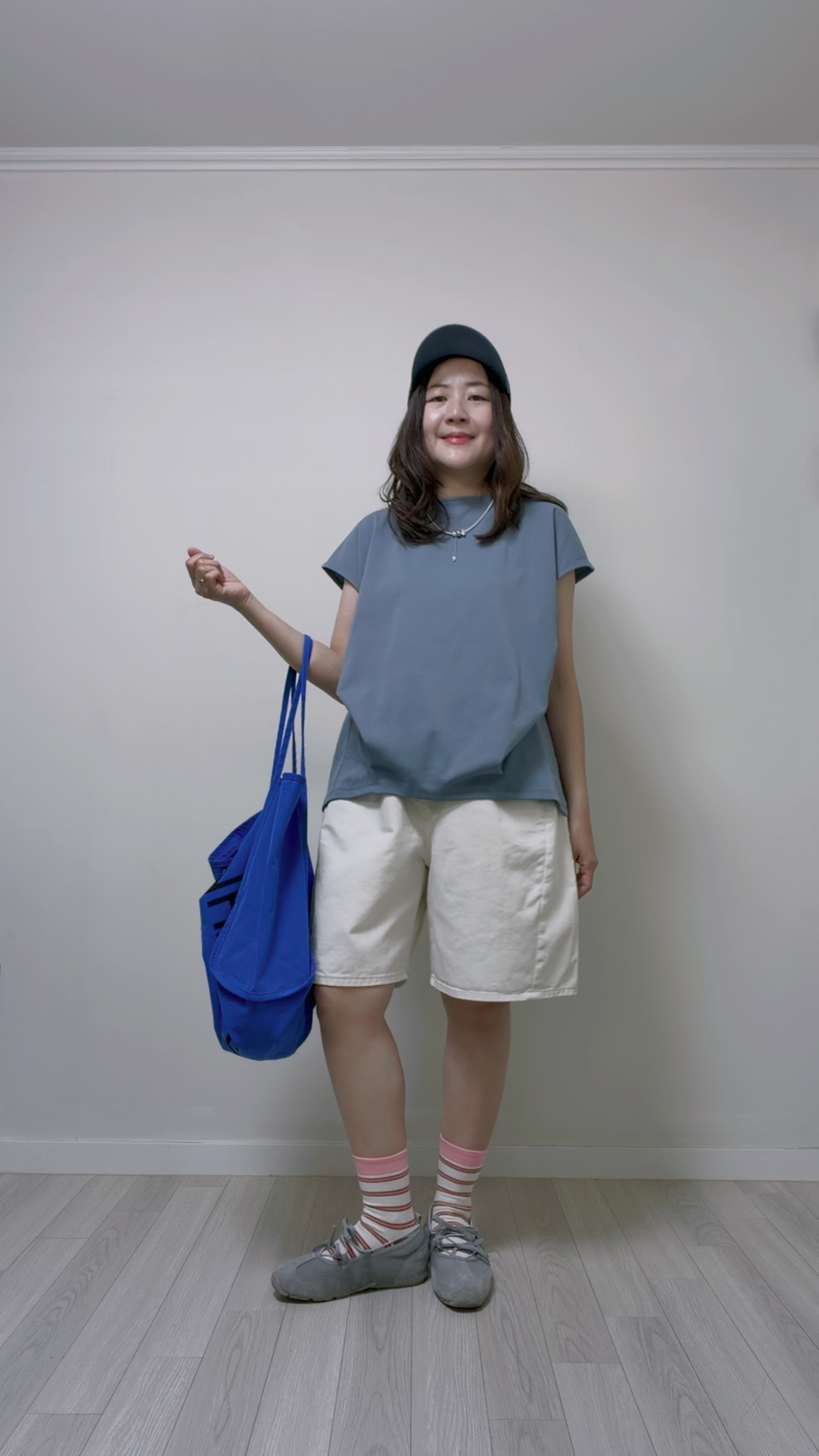 衫腳大摺褶T-shirt/霧藍