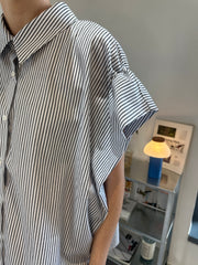 (停產)袖縮褶條子恤衫/黑條