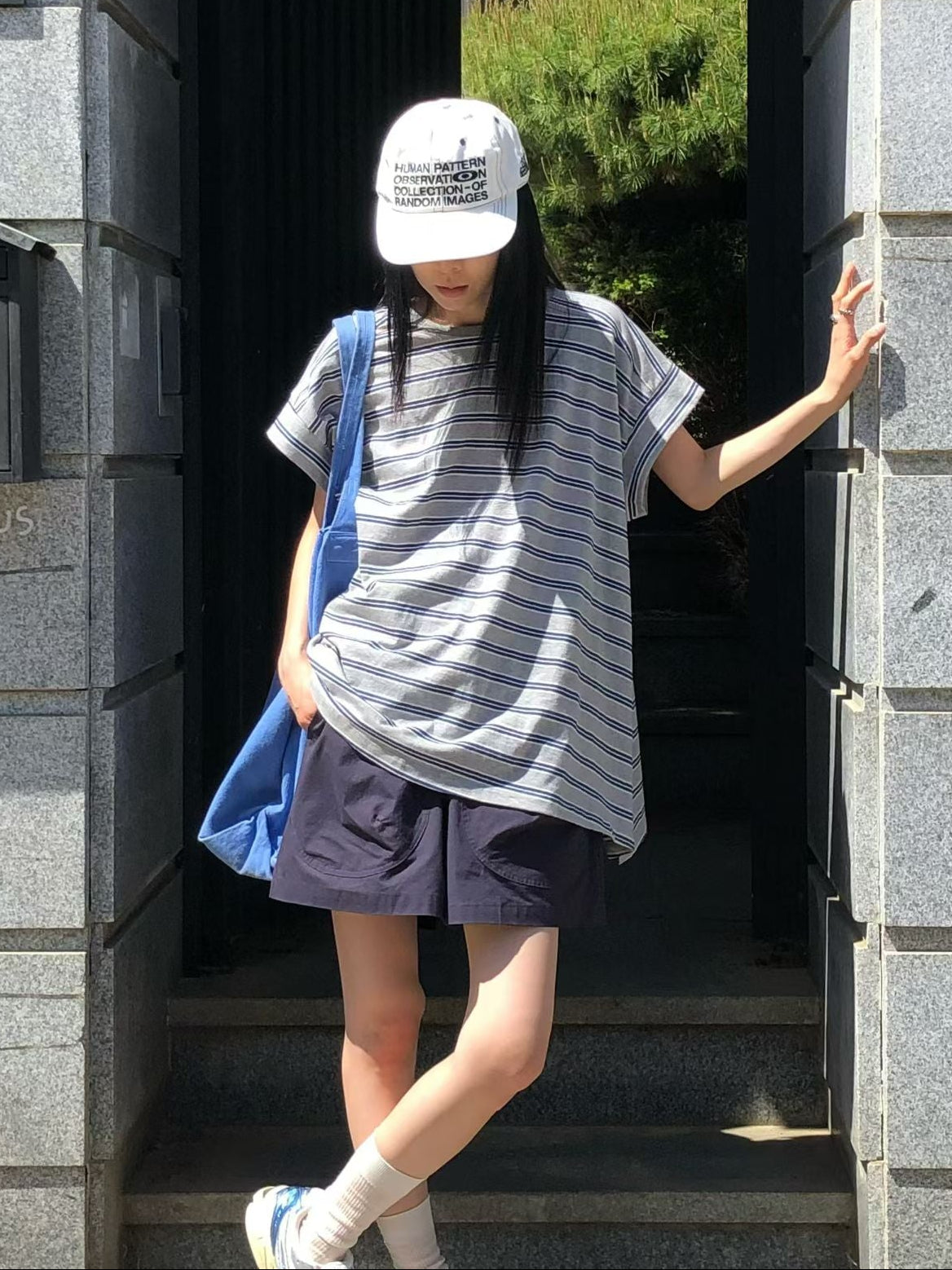 混色間條長身T-shirt/灰
