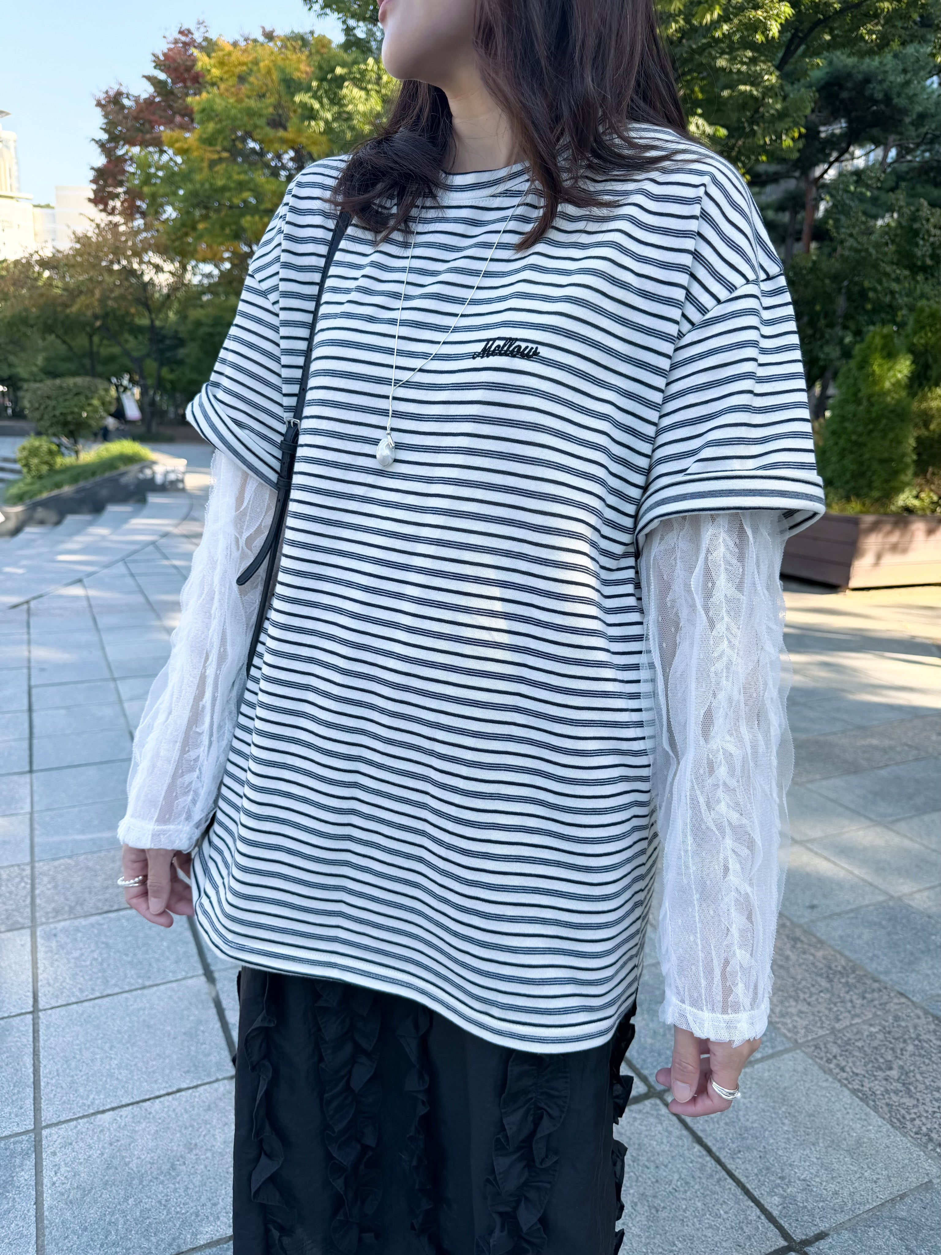 闊身間條喱士袖T-shirt/白