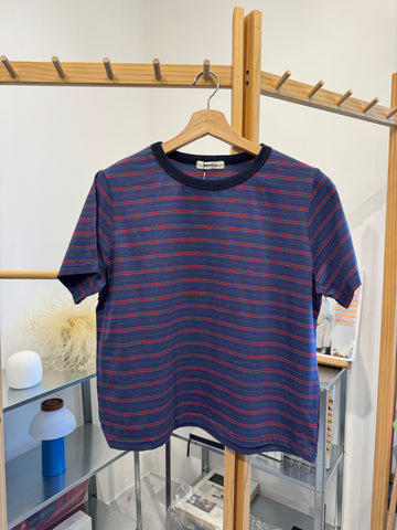 黑領多色條子T-shirt/深藍