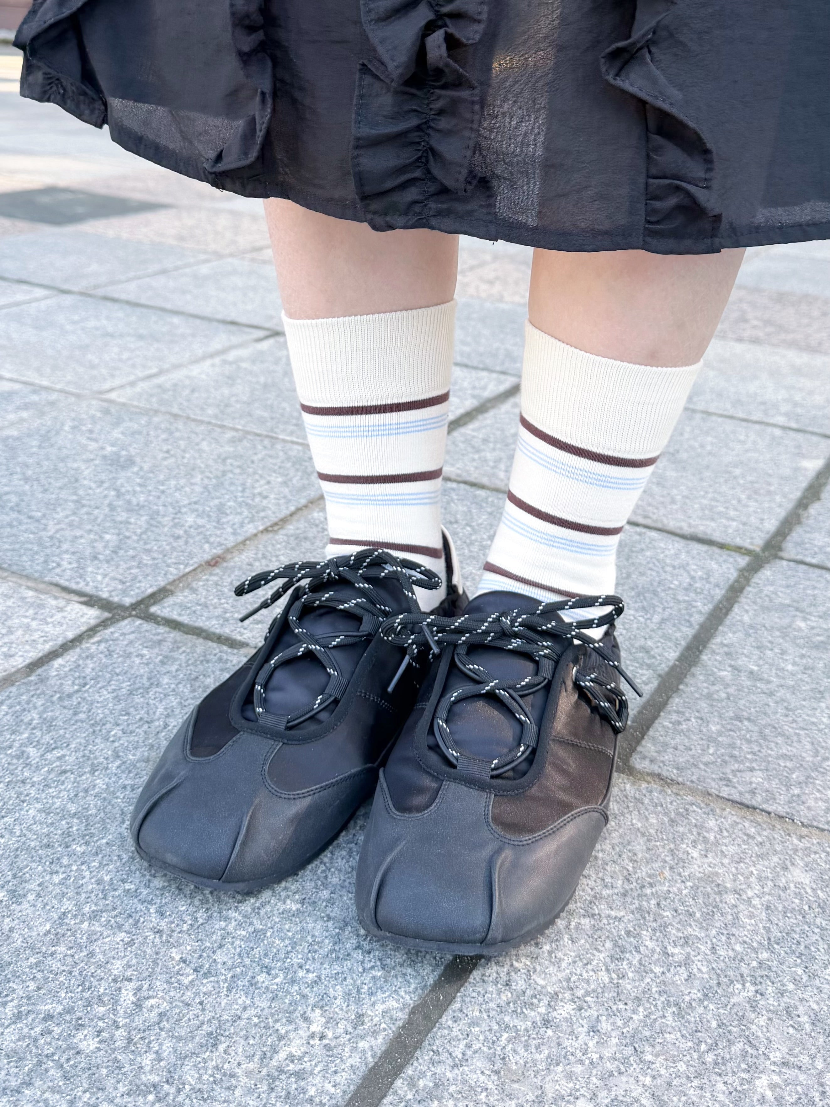 併色條子襪/米白