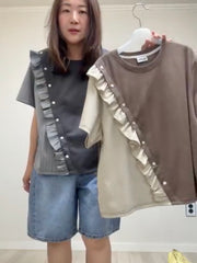 條子布料併布T-shirt/灰