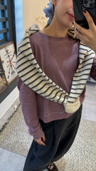 雙色間條cardigan/白+灰