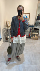 併色cardigan/灰+紅