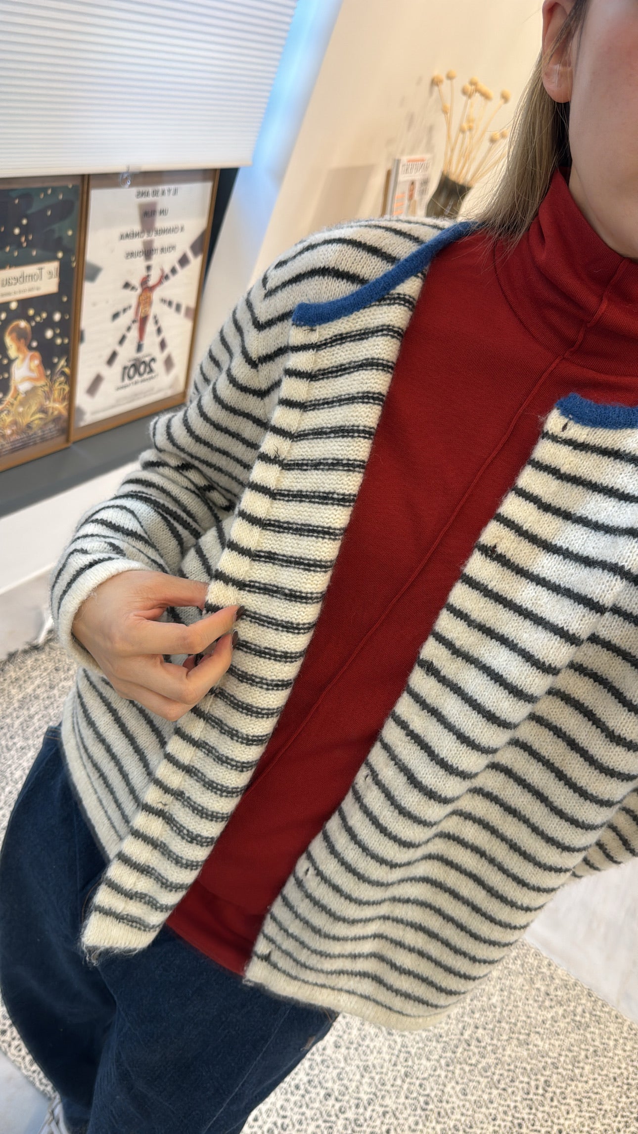幼間條Cardigan/白