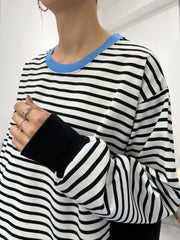 前間條後淨色T-shirt/淺藍領