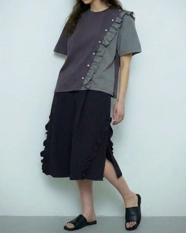 條子布料併布T-shirt/灰