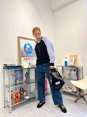 條子袖併布T-shirt/深藍