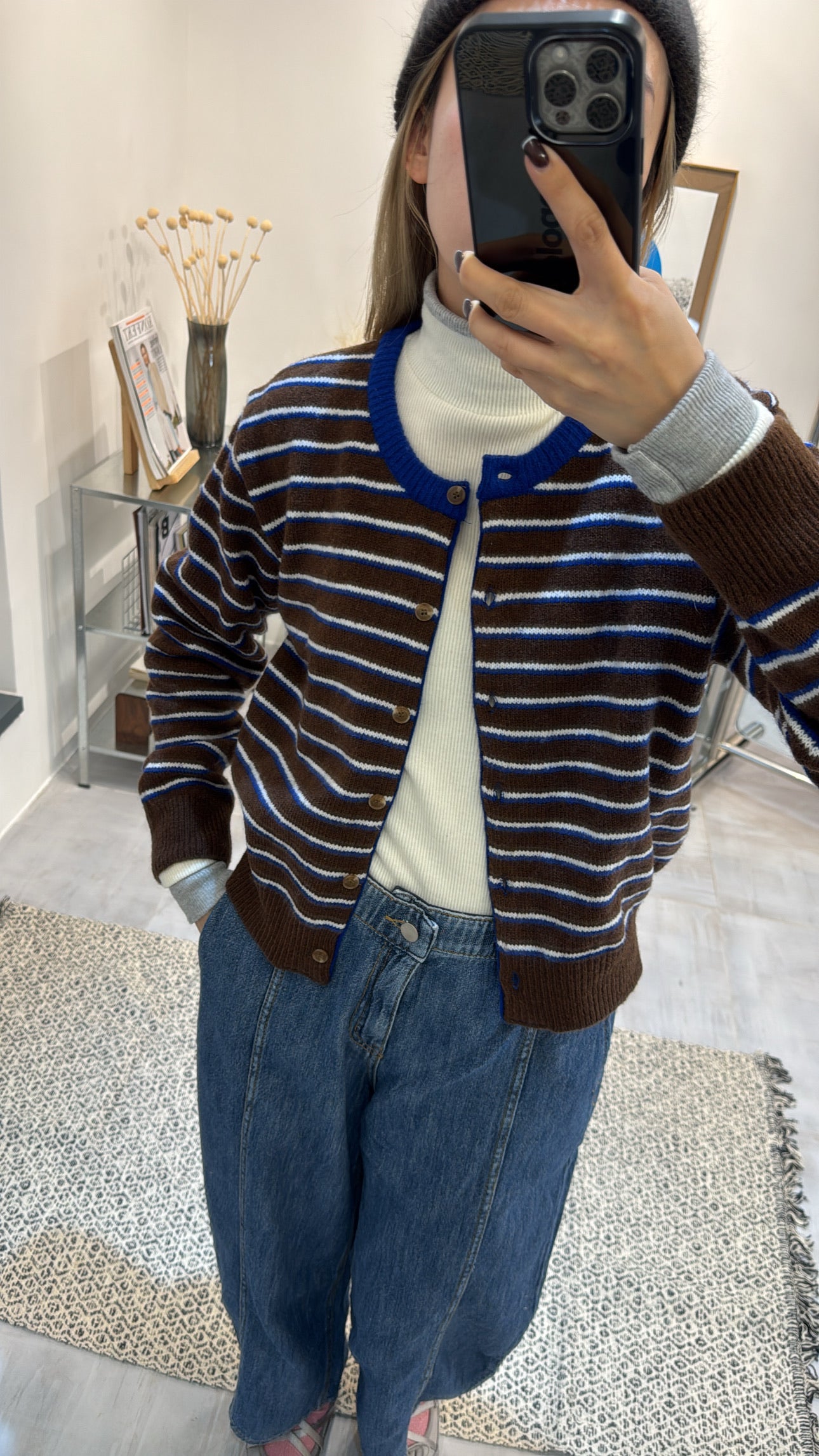 雙色間條cardigan/啡+藍