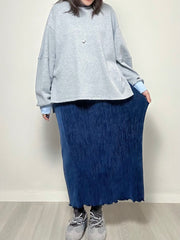 壓褶絲絨直身裙/深藍