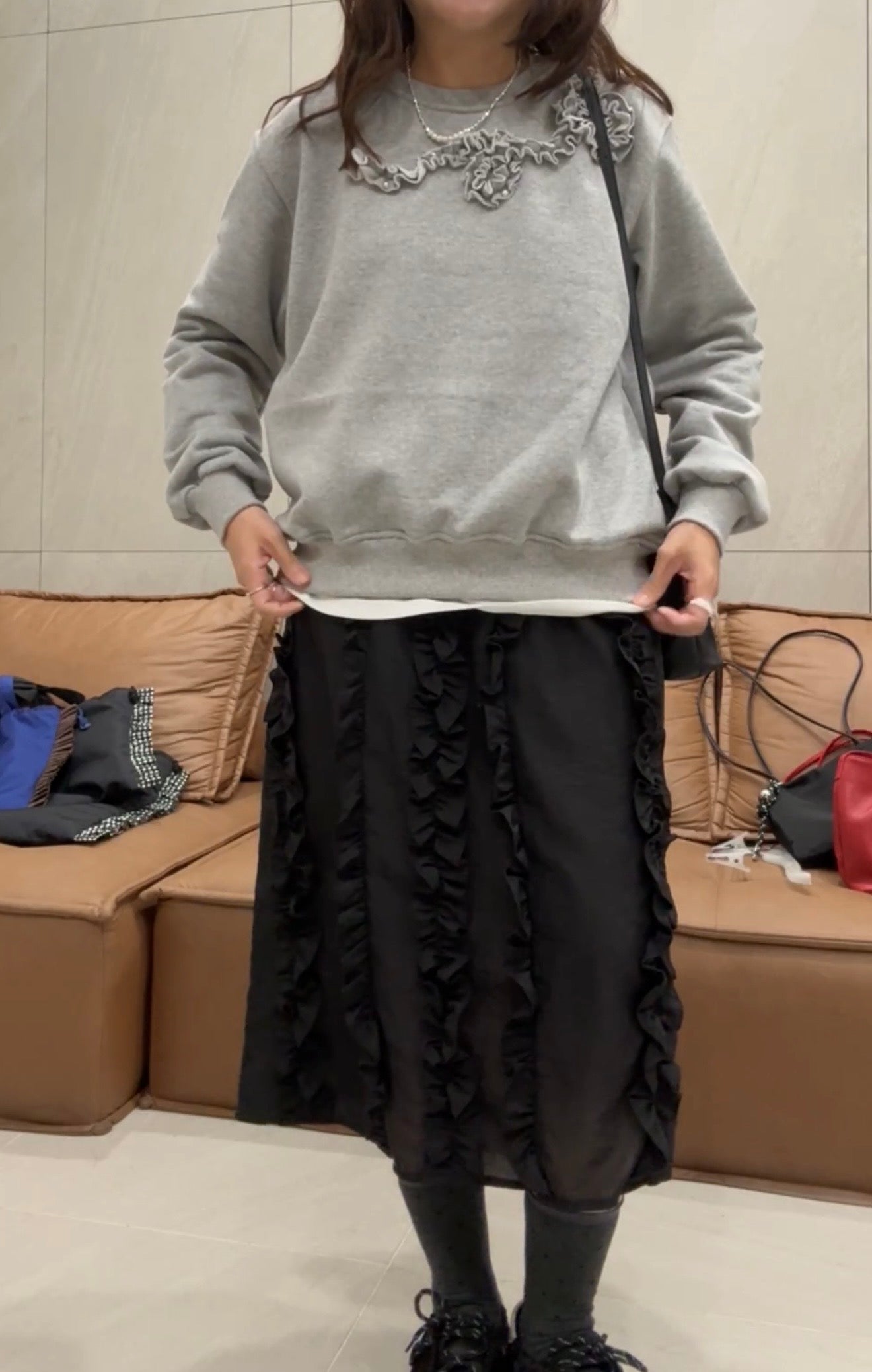 縮褶珍珠衛衣/灰