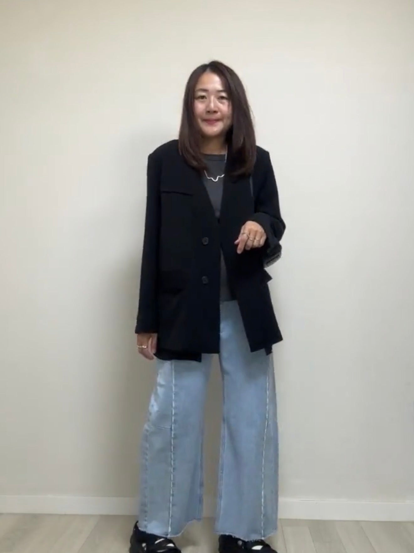 紗腳V領西裝褸/黑