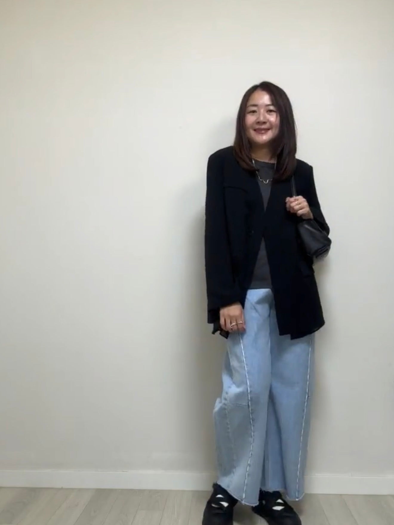 紗腳V領西裝褸/黑