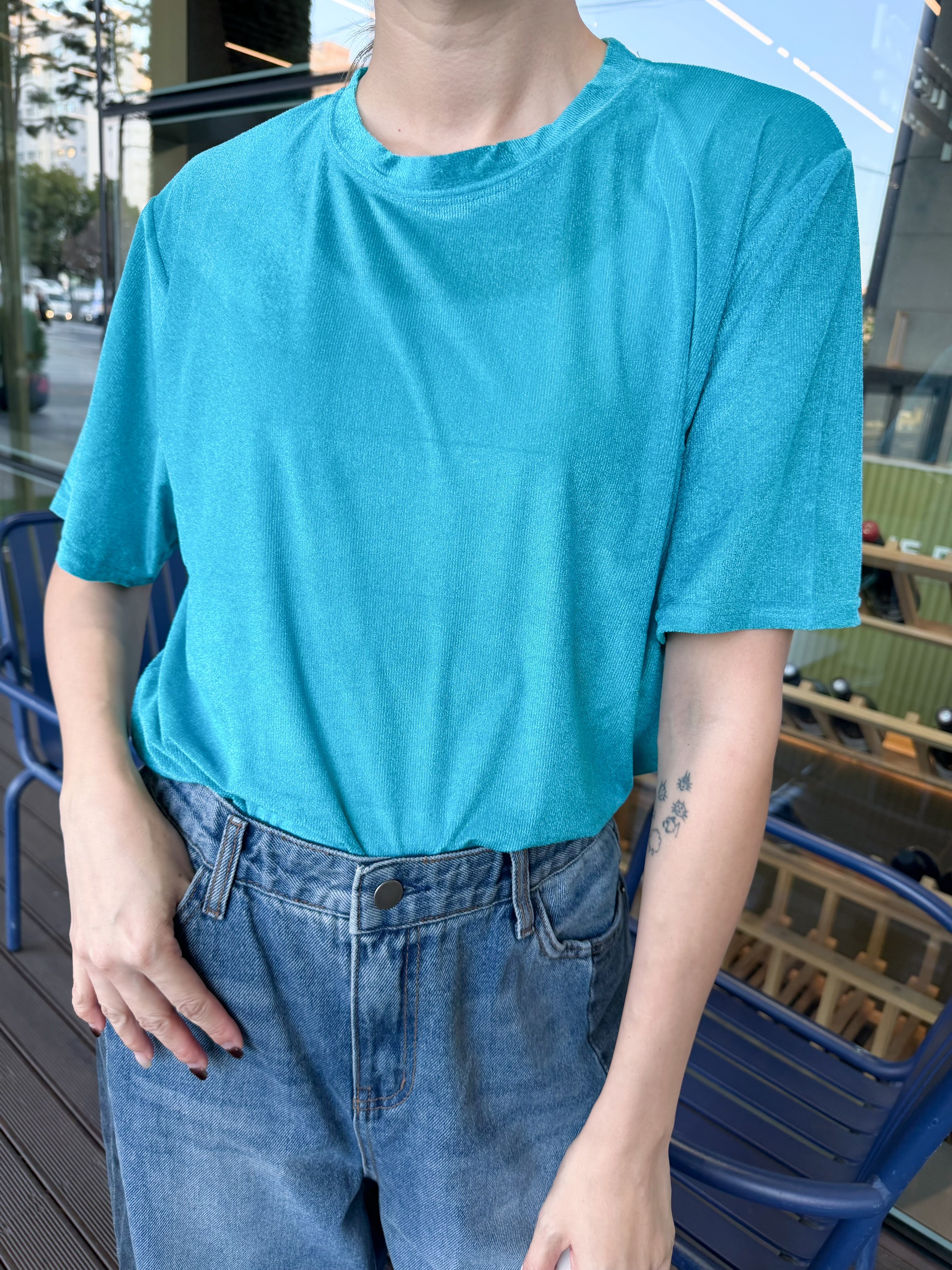 銀線短袖T-shirt/彩藍