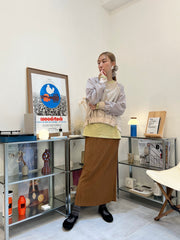 條子袖併布T-shirt/杏