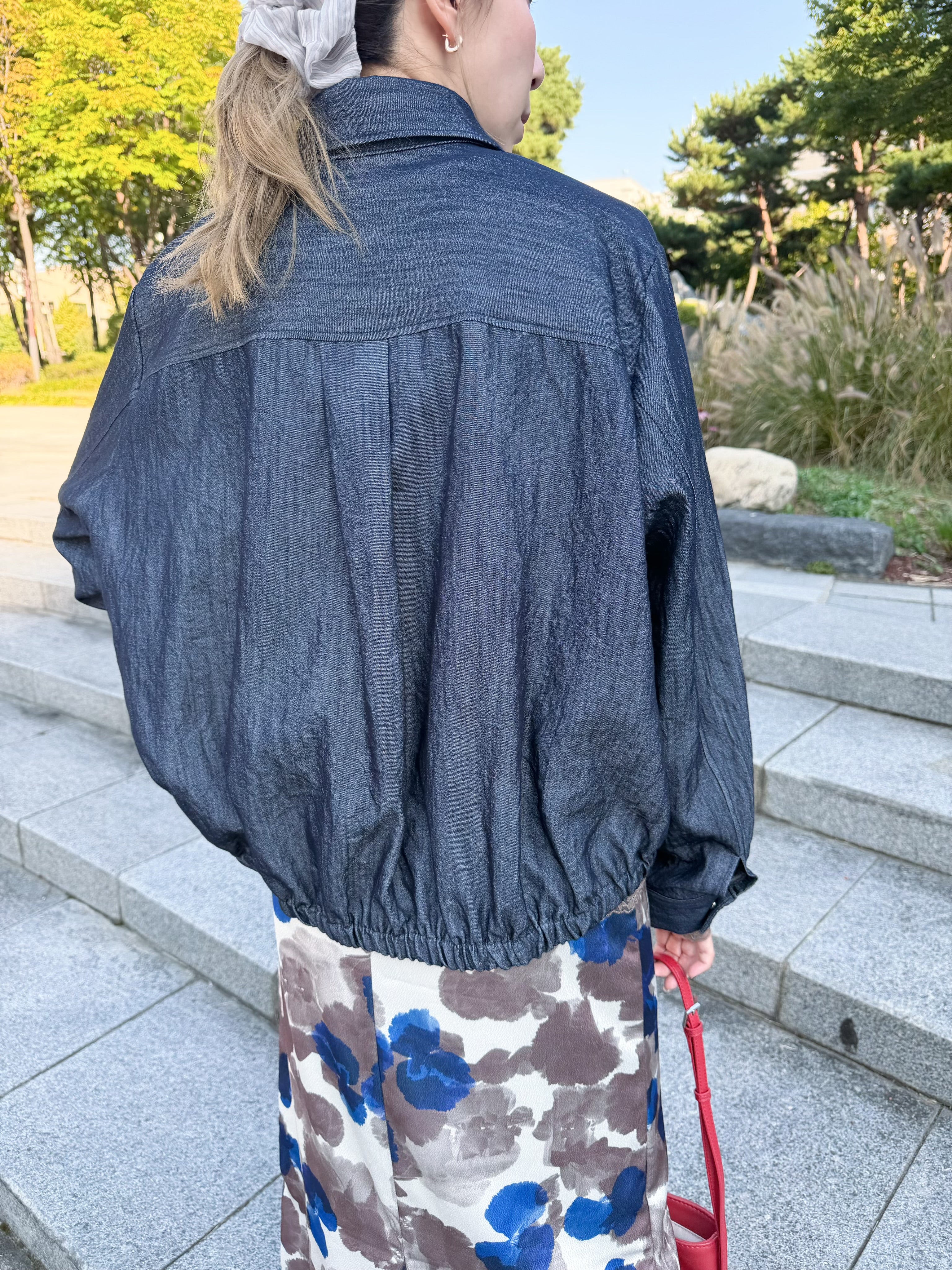 牛仔後縮褶恤衫外套/藍