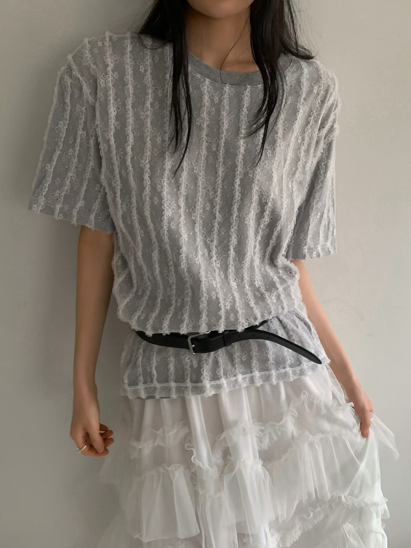 直條幼喱士T-shirt/灰