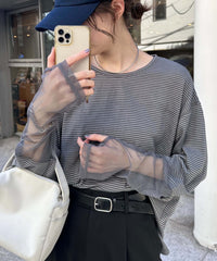 間條網袖闊身T-shirt/灰