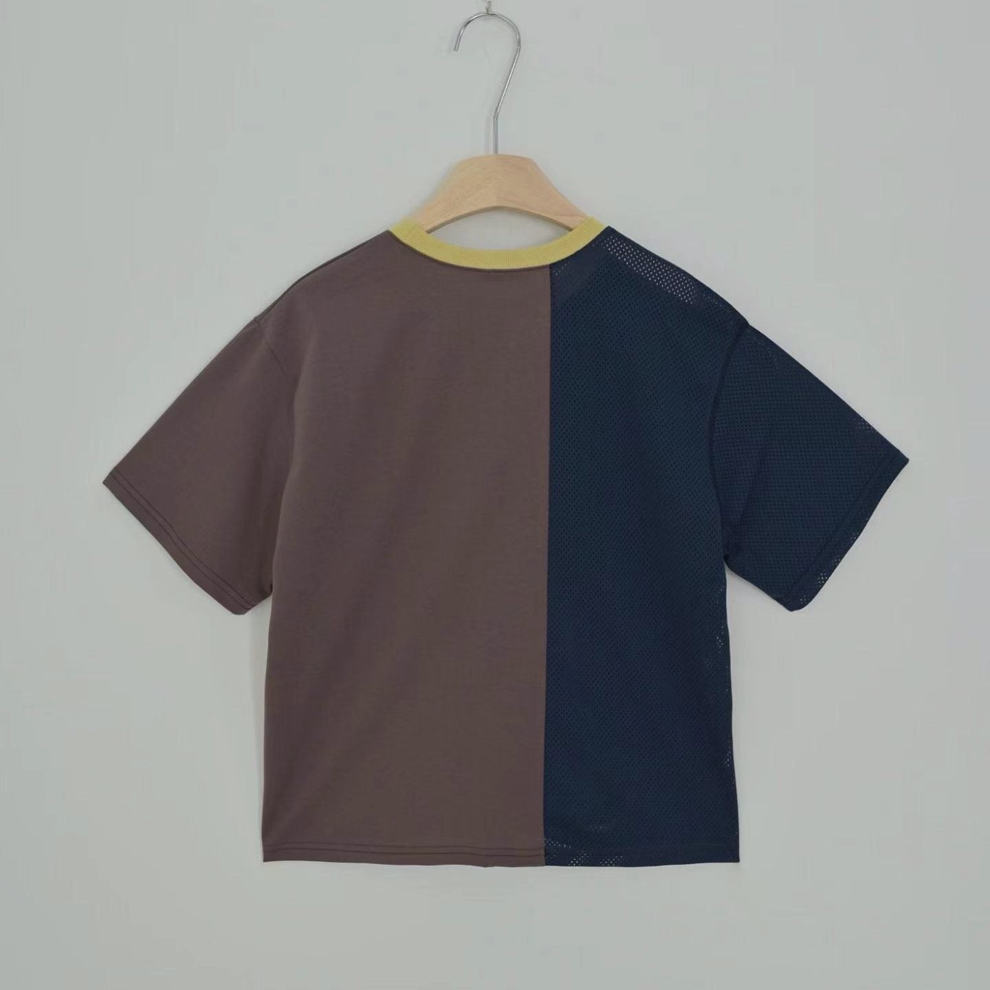 網布Ruffle撞色領T-shirt/深藍+啡
