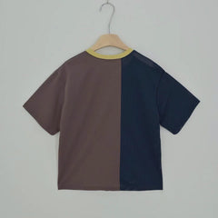 網布Ruffle撞色領T-shirt/深藍+啡