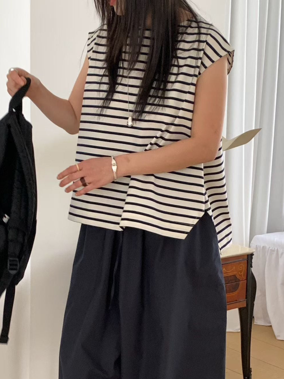 單色幼條A型背心/黑
