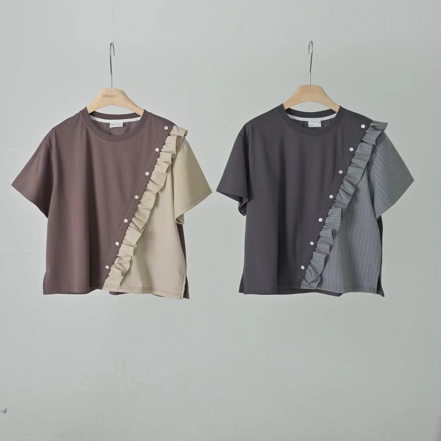 條子布料併布T-shirt/朱古力